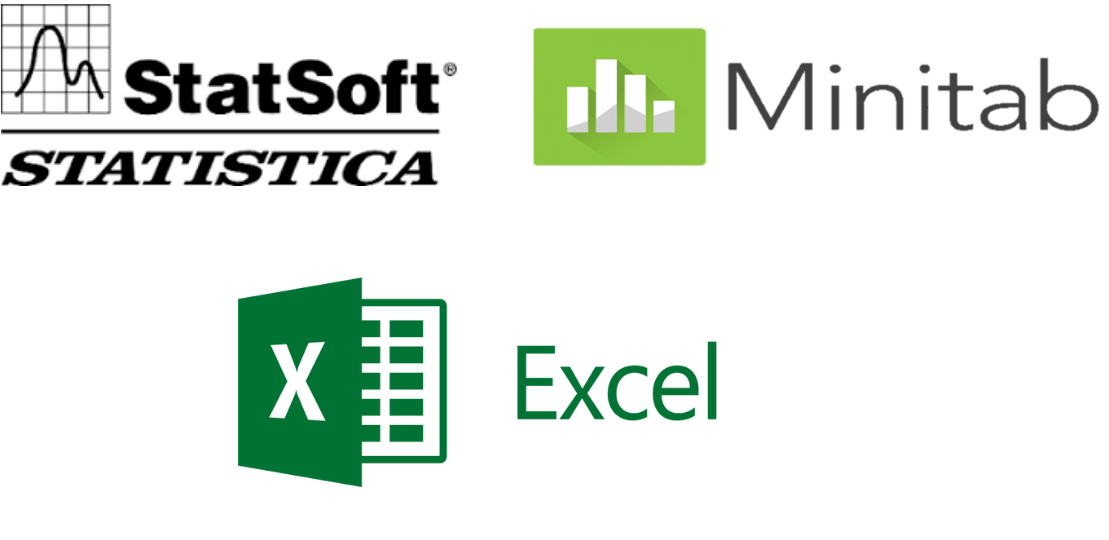 logo dos softwares Statistica, Minitab e Excel