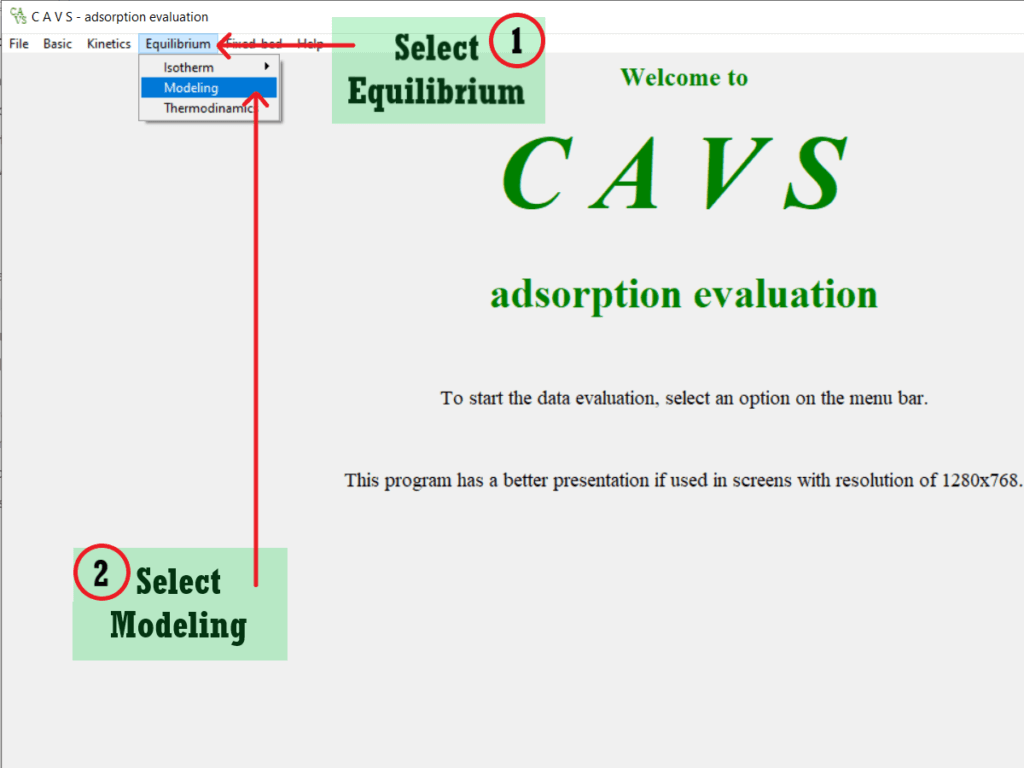 Screenshot of the home page of the CAVS - Adsorption Evaluation software showing the places where it should be clicked to access the Langmuir model regression option