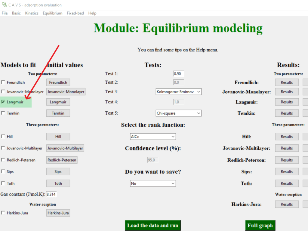 Screenshot of the equilibrium models page of the CAVS - Adsorption Evaluation software showing where to mark to select the Langmuir model