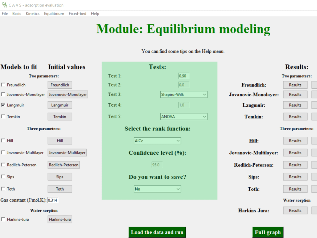 Screenshot of the equilibrium models page of the CAVS - Adsorption Evaluation software showing the central column where you should change the options for fitting the Langmuir model.