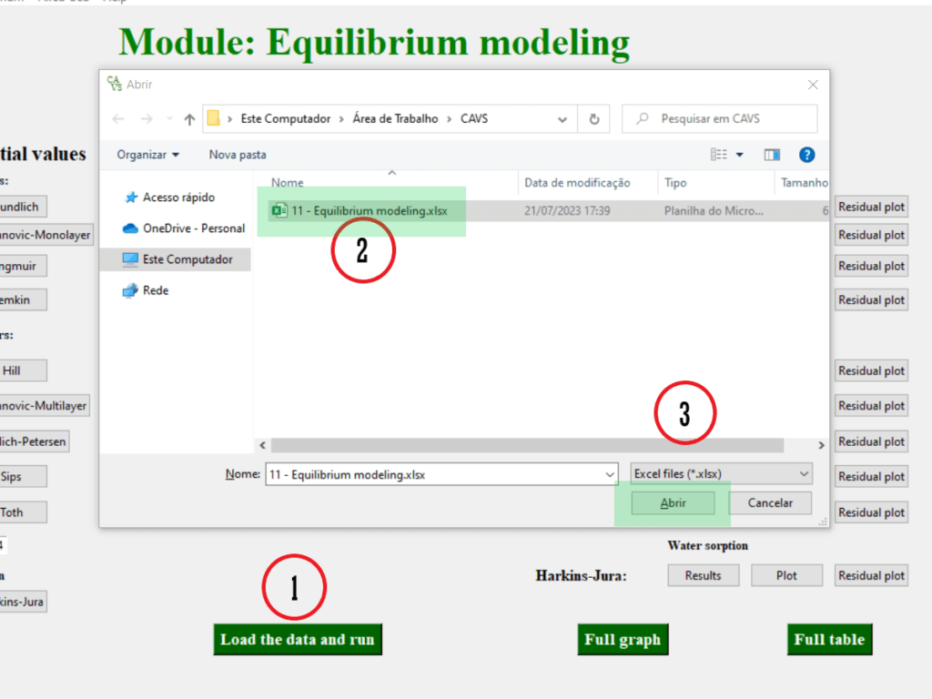 Screenshot of the equilibrium models page of the CAVS - Adsorption Evaluation software showing the checkbox window to select the file containing the data to perform the non-linear regression using the Langmuir model.