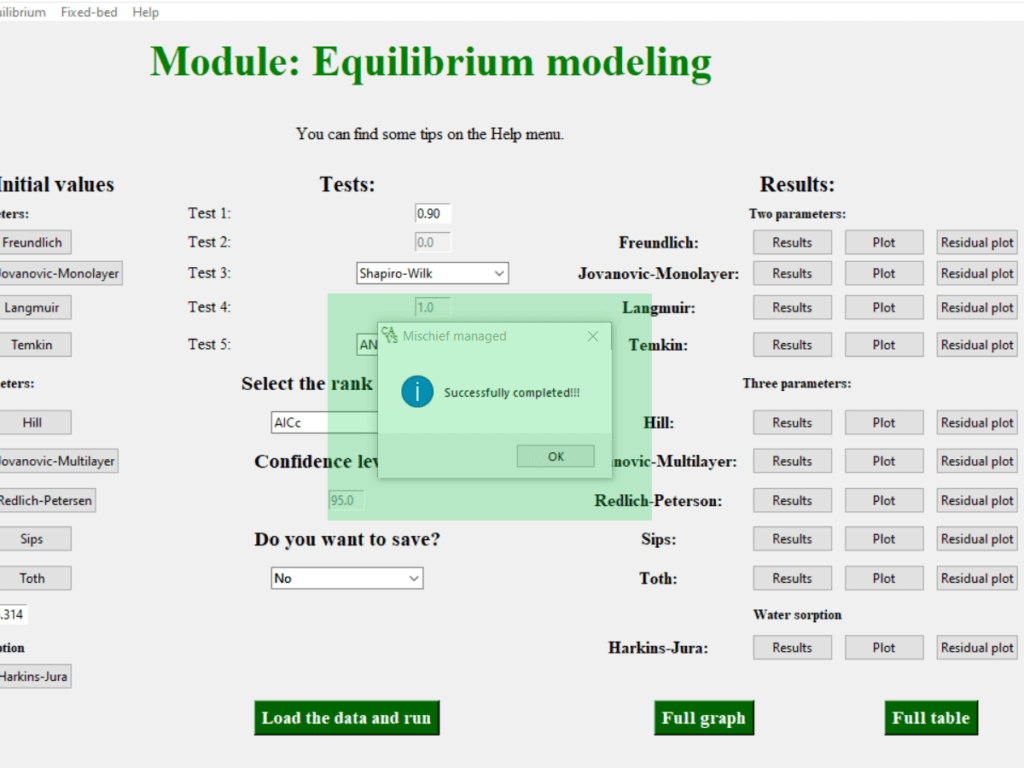 Screenshot of the equilibrium models page of the CAVS - Adsorption Evaluation software showing a box indicating that the non-linear regression was performed properly.
