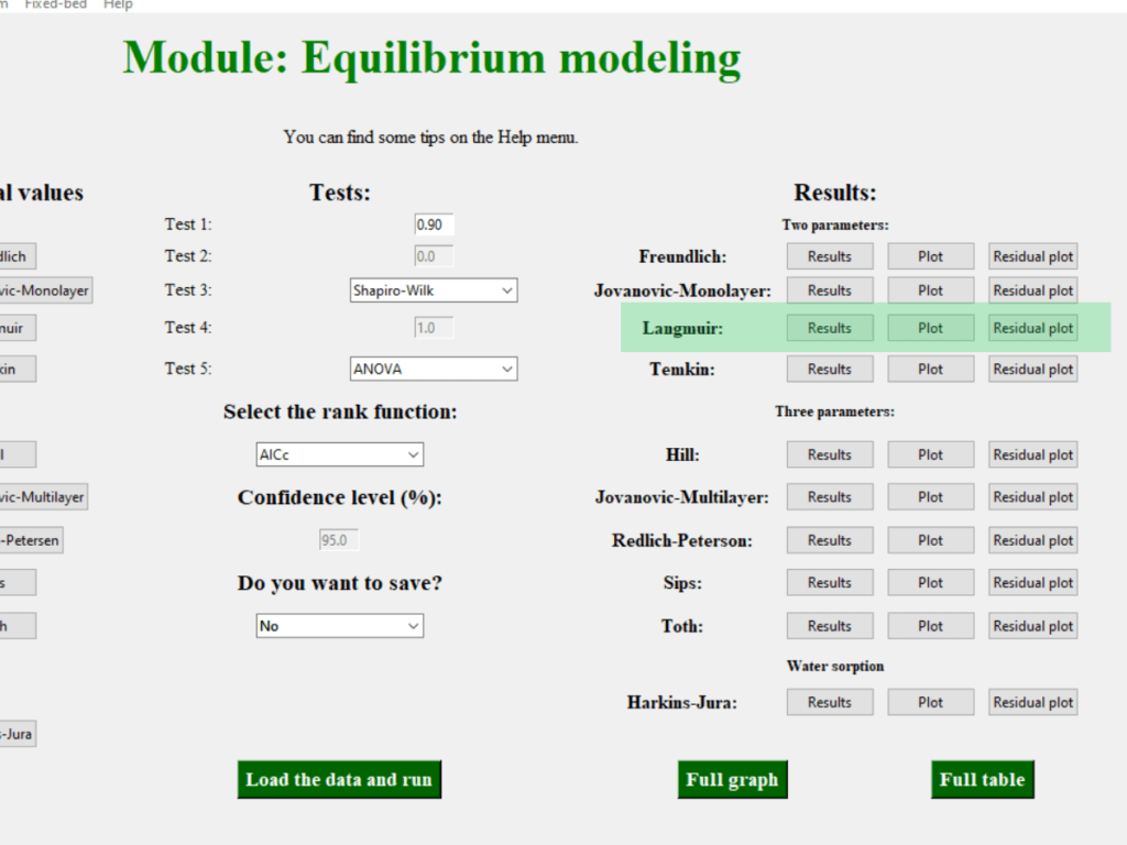 Screenshot of the equilibrium models page of the CAVS - Adsorption Evaluation software showing the buttons used to visualize the results obtained from the non-linear regression of the Langmuir model.