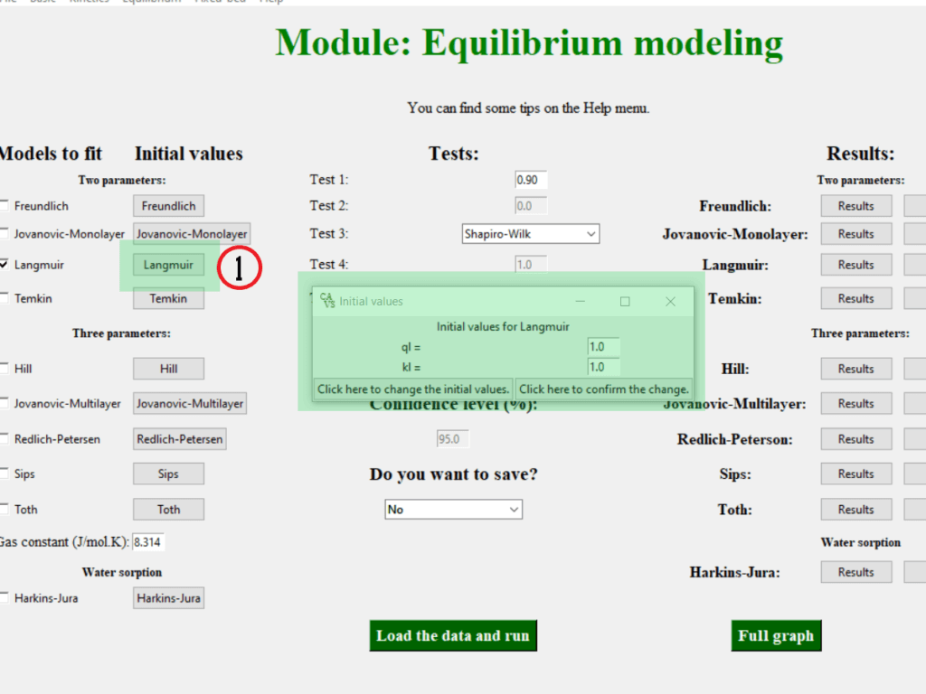 Screenshot of the equilibrium models page of the CAVS - Adsorption Evaluation software showing the tab where to change the initial guess parameters of the Langmuir model