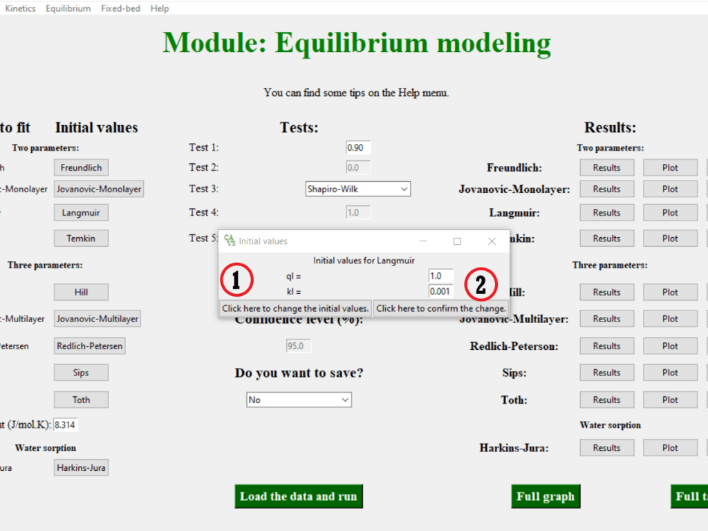 Screenshot of the equilibrium models page of the CAVS - Adsorption Evaluation software showing the tab where to change the initial guess parameters of the Langmuir model after the Kl parameter was changed