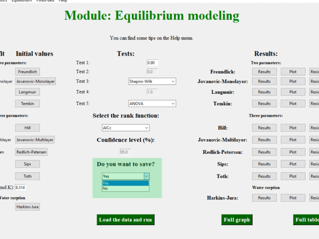 Screenshot of the equilibrium models page of the CAVS - Adsorption Evaluation software showing where it must be changed for the results of the non-linear regression of the Langmuir model to be saved.
