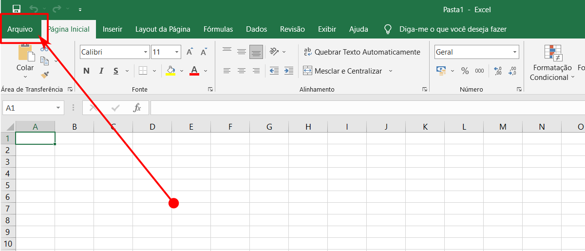 print da tela do Excel com uma seta em vermelho apontando para o botão “Arquivo” no canto superior esquerdo