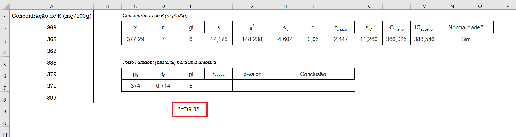 Cálculo do grau de liberdade do teste t de Student bilateral para comparar uma amostra com um valor esperado